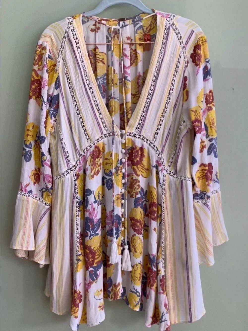 Free People Lovestoned Lace Buttondown Printed Crochet Bell Sleeve Tunic M